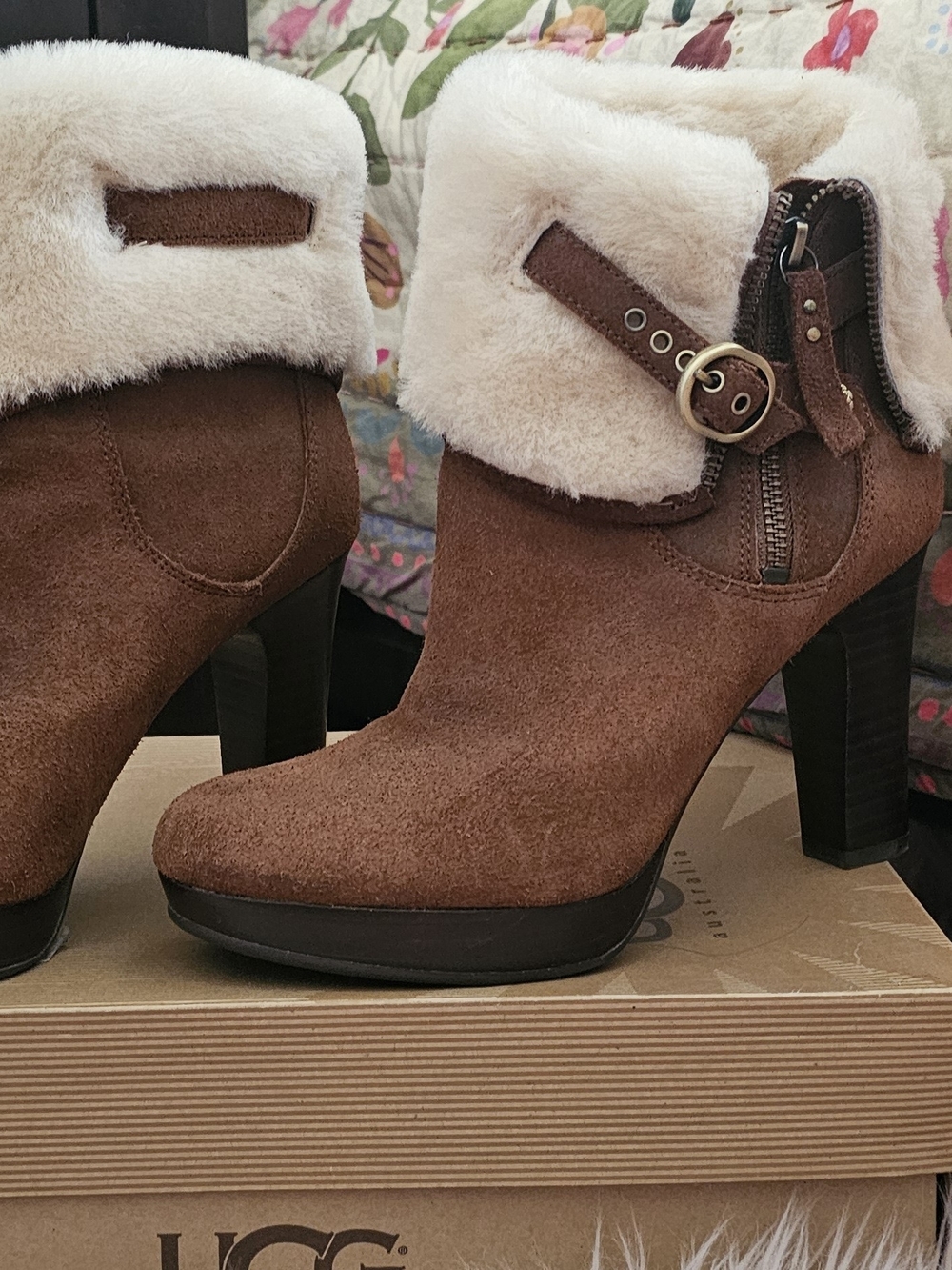 UGG Scarlett Brown Suede Fur-Cuff High Heel Ankle Boots